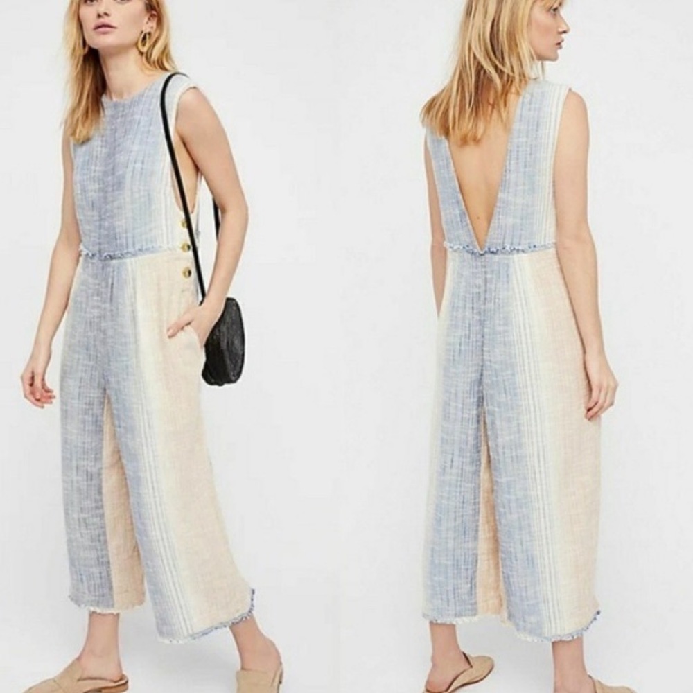 EUC Small Free People Blue and Cream Jumpsuit